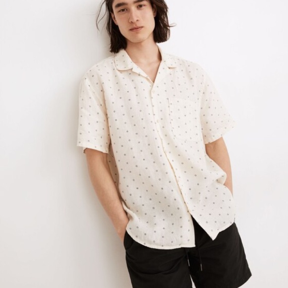 Madewell Men’s Cream Linen Easy Short-Sleeve Shirt in Print Size XL
